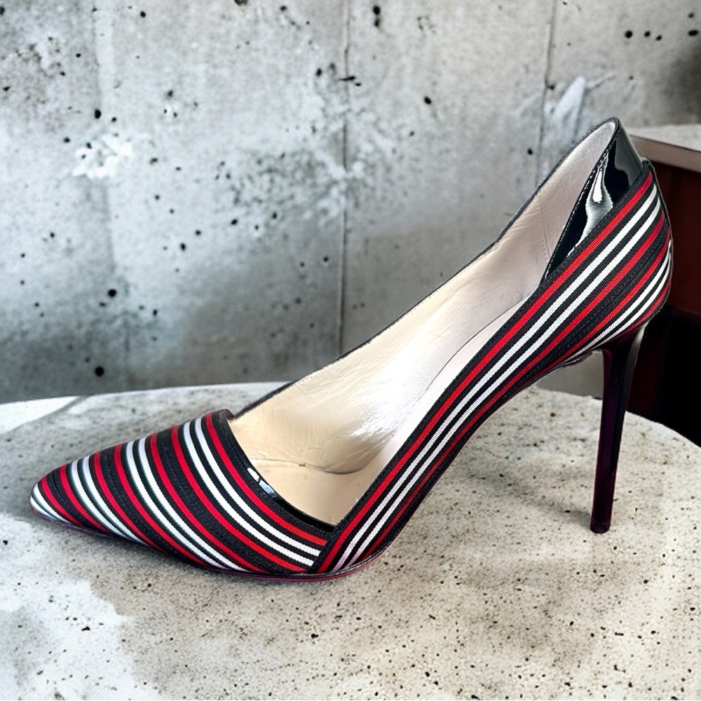 GIORGIO ARMANI BLK/RED/WHT STRIPED STILETTOS W/ PATENT ACCENTS (SZ 37)